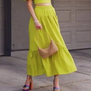 Abercrombie & Fitch Poplin Tiered Maxi Lime Green Skirt Only XXS